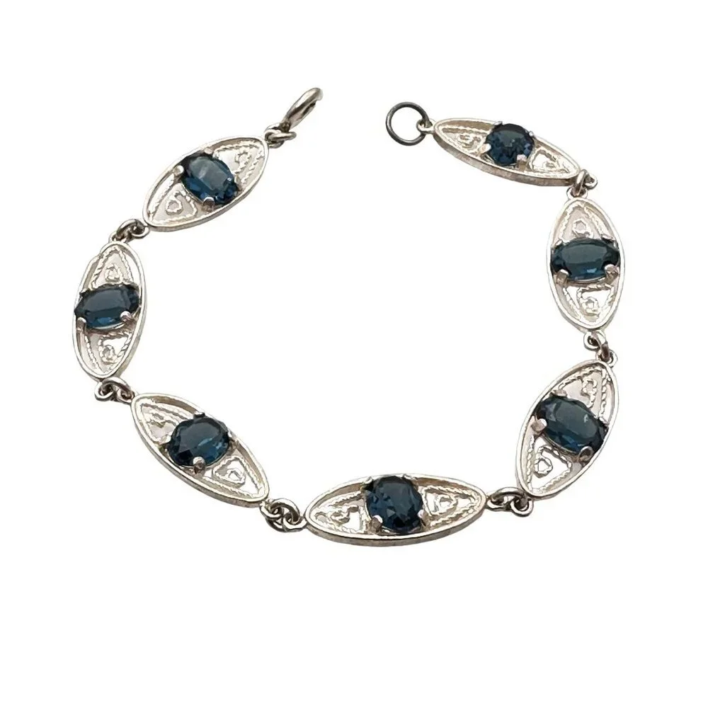 Sterling Silver Womens Bracelet Estate Vintage Blue Glass Stone Filigree